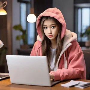 Chica con sudadera con capucha en la computadora portátil